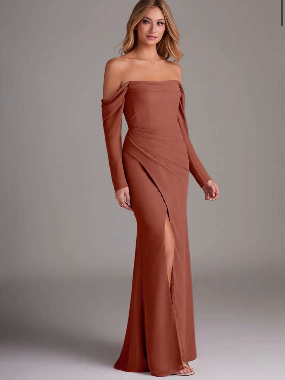 NWT Azazie Hallie Auburn Mermaid Long Sleeve Chiffon Dress, Size A10 - Picture 6 of 11